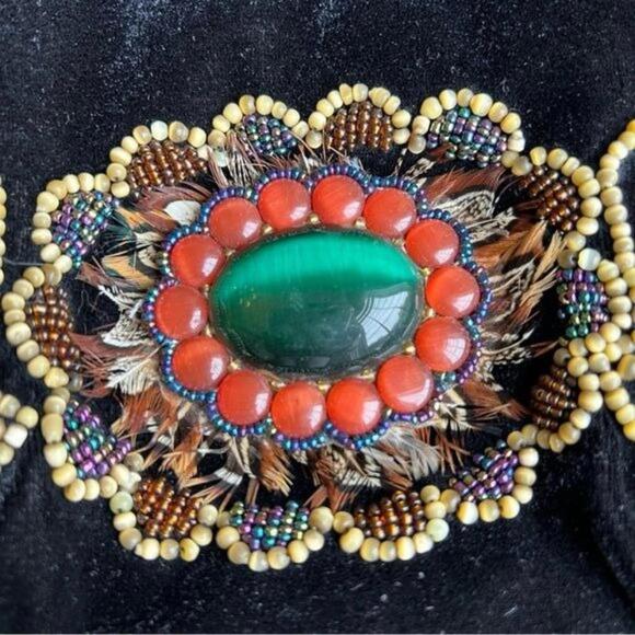 VINTAGE Boho Crescent Beaded Feather Embellished Hobo Shoulder Bag LIKE NEW - Picture 5 of 15